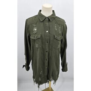 Kell Parker Grunge Boho Distressed Cotton Utility Shacket in Autumn Olive